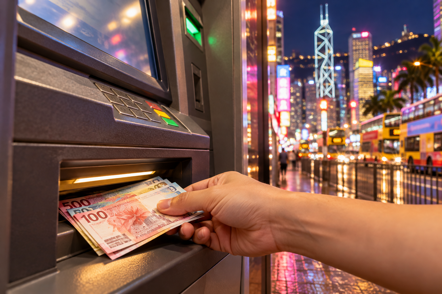 홍콩 환전 ATM, 밤거리의 현금인출기와 홍콩달러 지폐