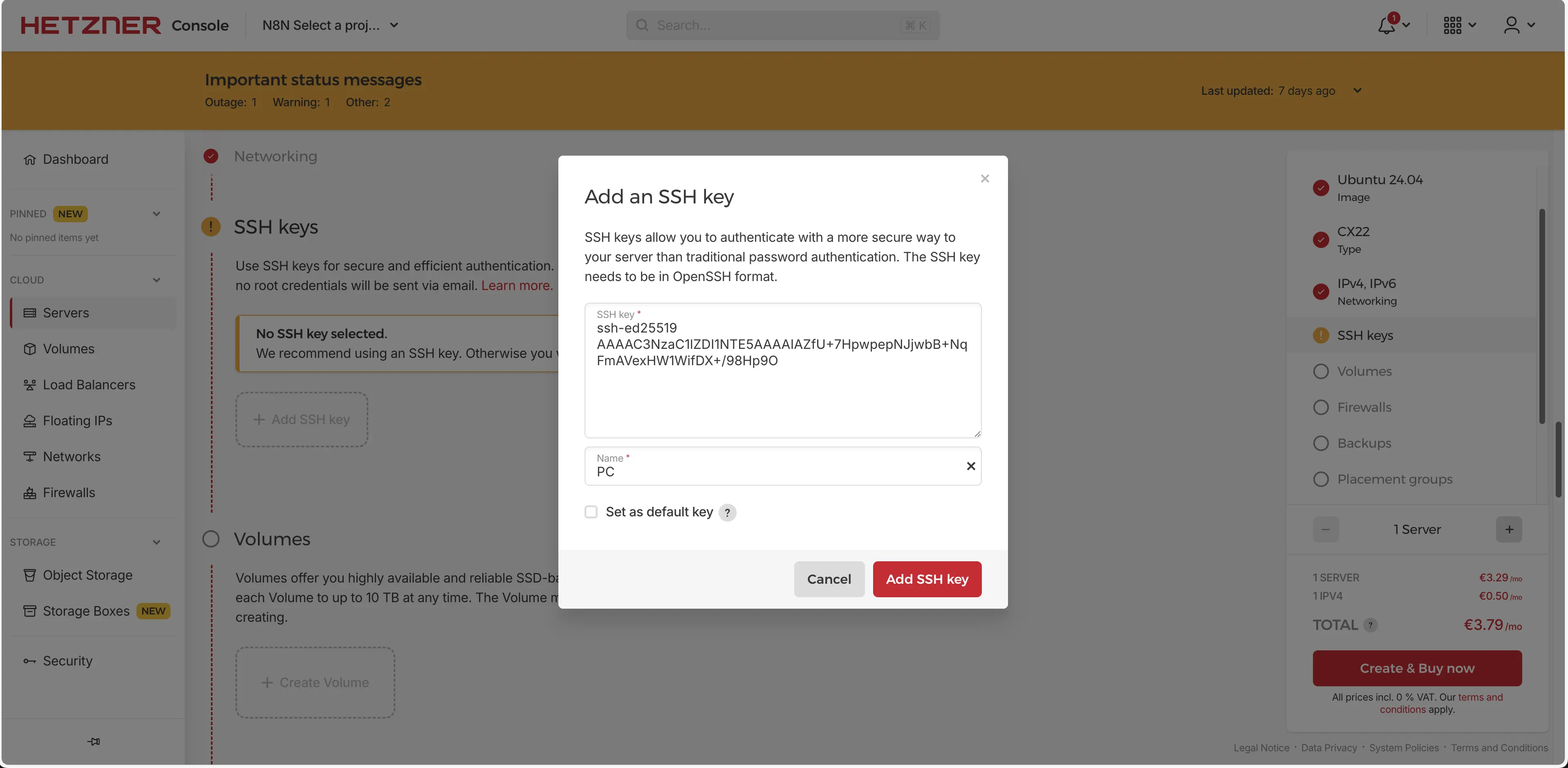 SSH 키 등록 - SSH 키 설정 화면