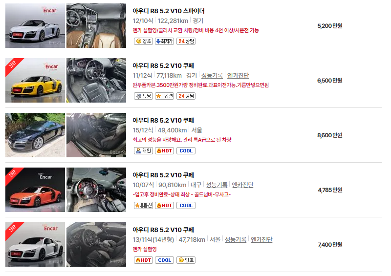 아우디 R8 중고차 가격 시세표 고속 시내 연비