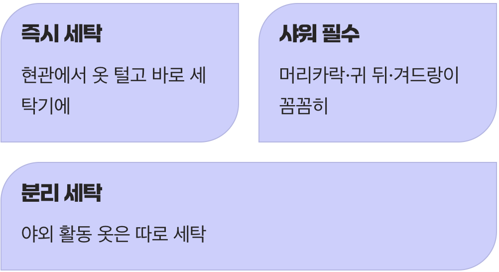 귀가 후&amp;#44; 옷은 바로 세탁하고 샤워는 필수!