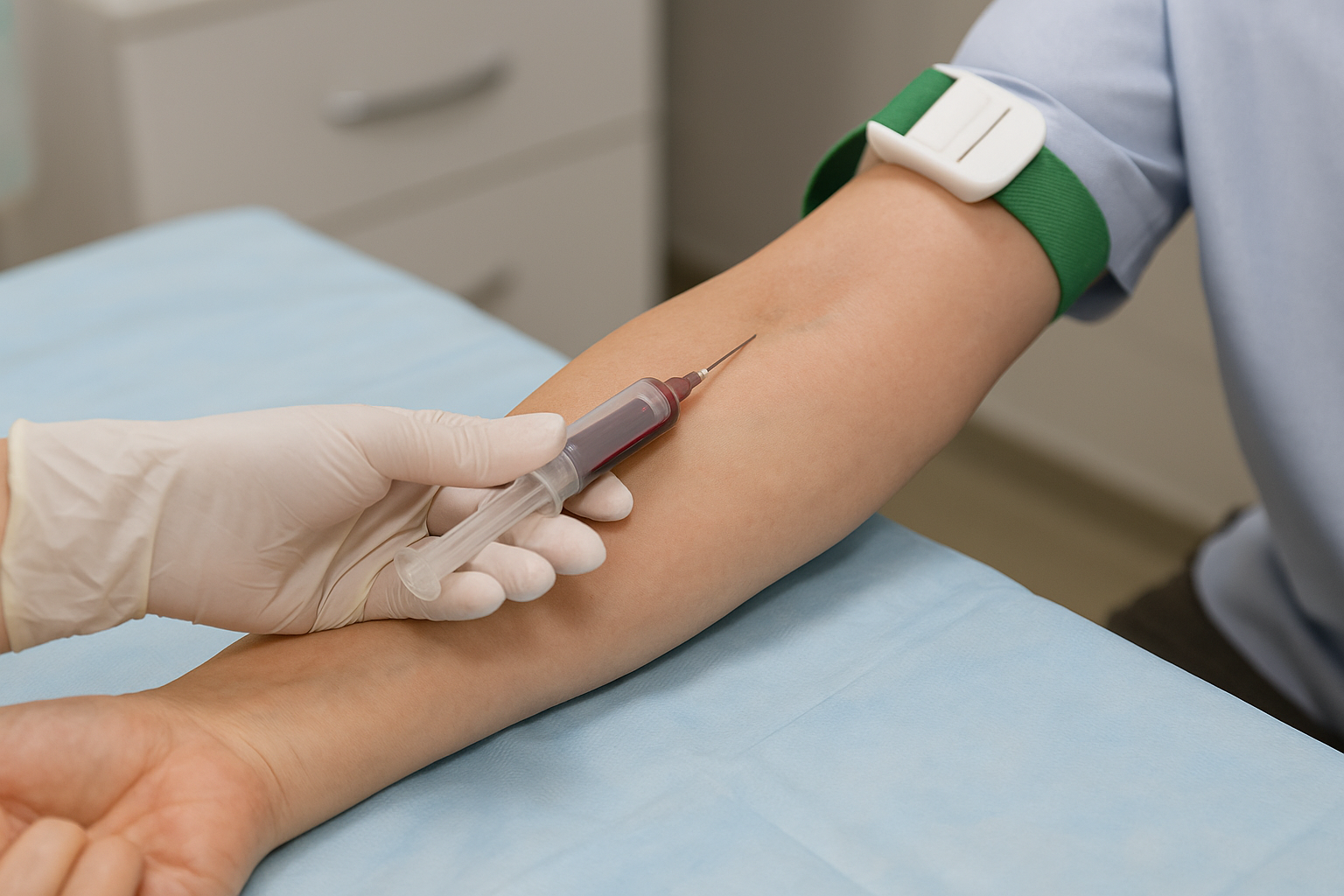 인의 팔에서 채혈하는 실제 건강검진 장면