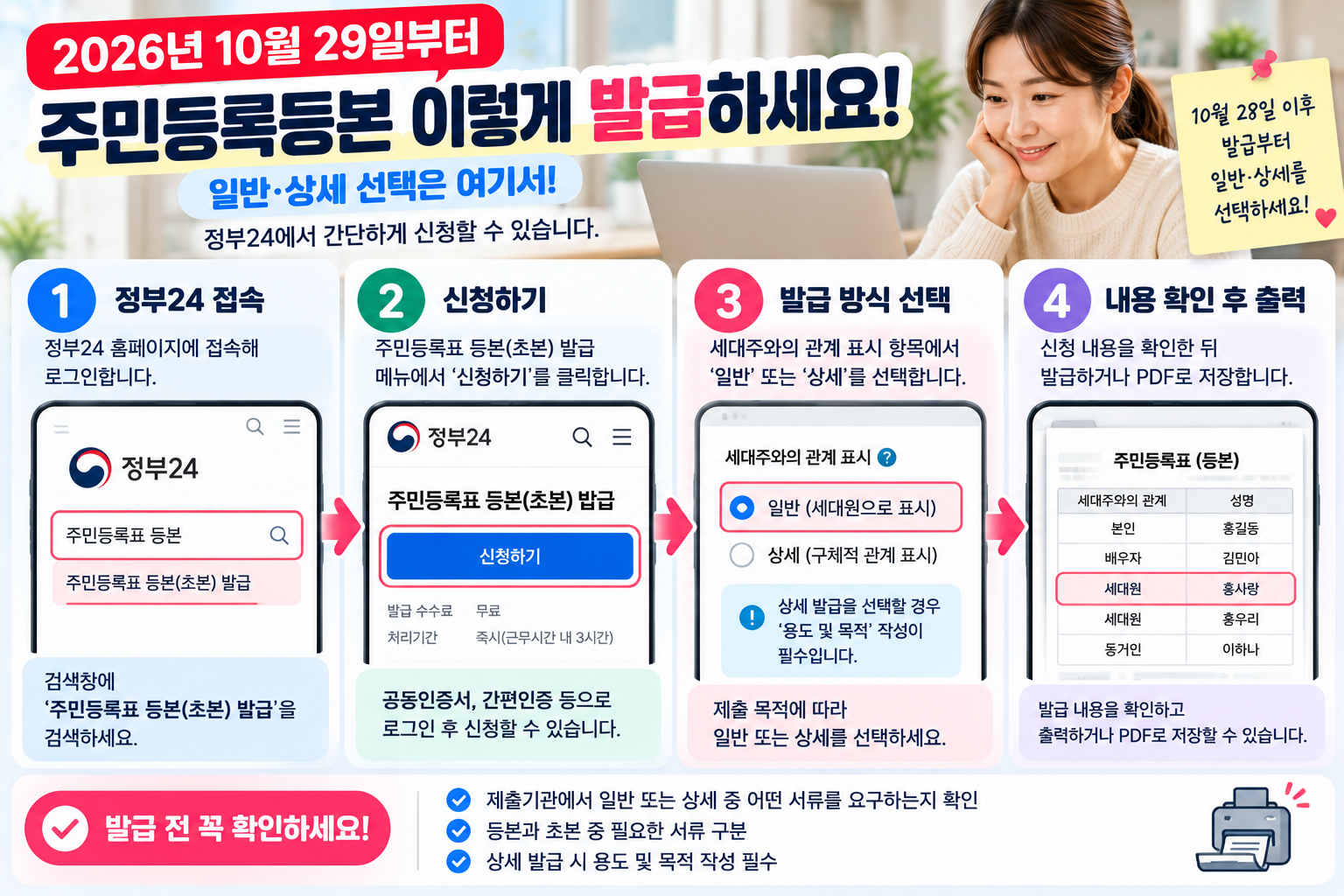 정부24 주민등록등본 인터넷 발급방법 4단계와 일반 상세 선택 시 확인사항 안내