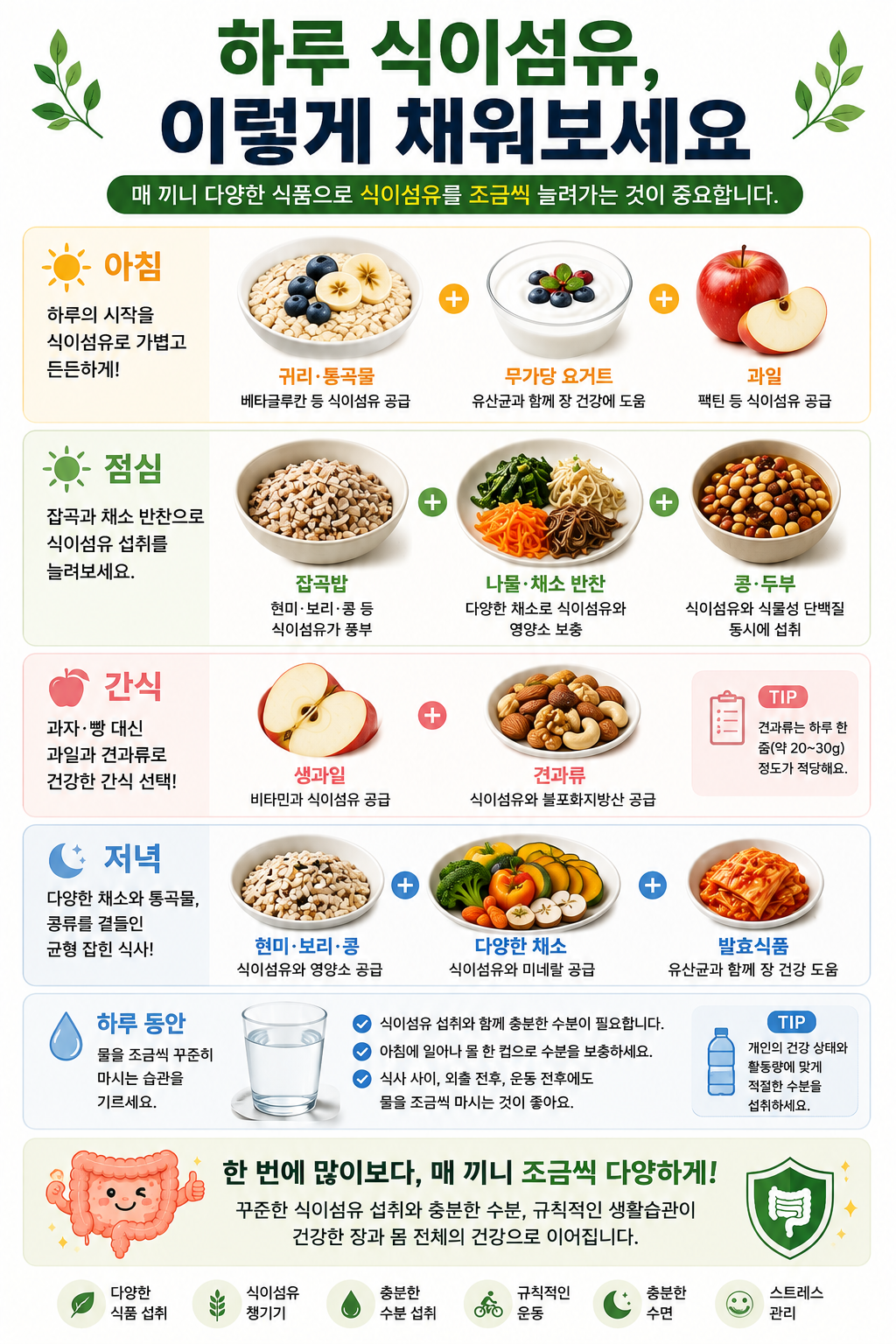 하루 식사에서 식이섬유 식품을 추가하는 예시