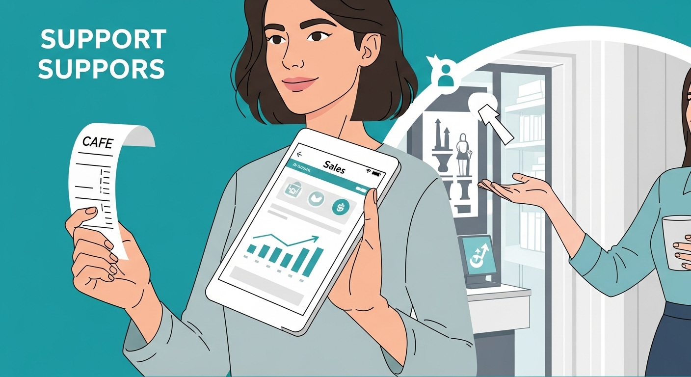 지원금을 통해 디지털 전환에 성공하여 온라인 주문을 처리하는 카페 주인과 만족하는 고객들. 사업 성장을 상징.