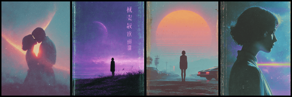 사이파이 로맨스 장르에 맞지 않는 스타일이 혼합된 북커버 디자인_Midjourney