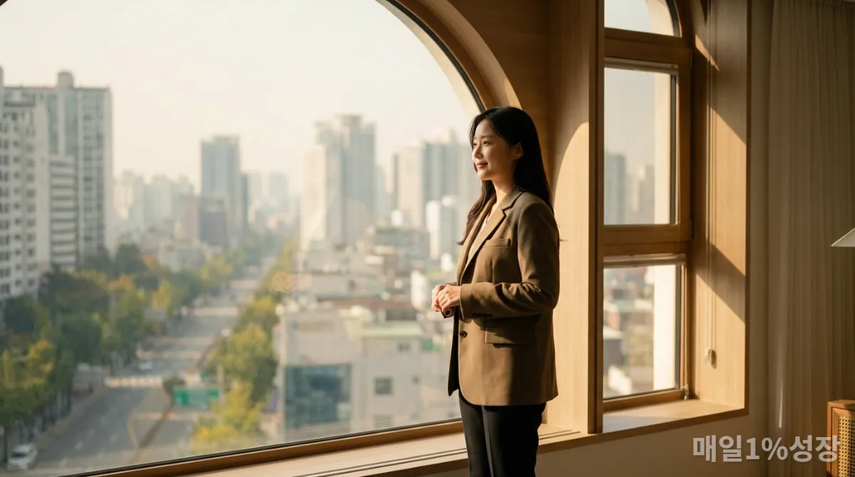 창밖을 보며 자신감 있는 표정을 짓는 한국 여성, 타인의 시선에서 벗어난 모습