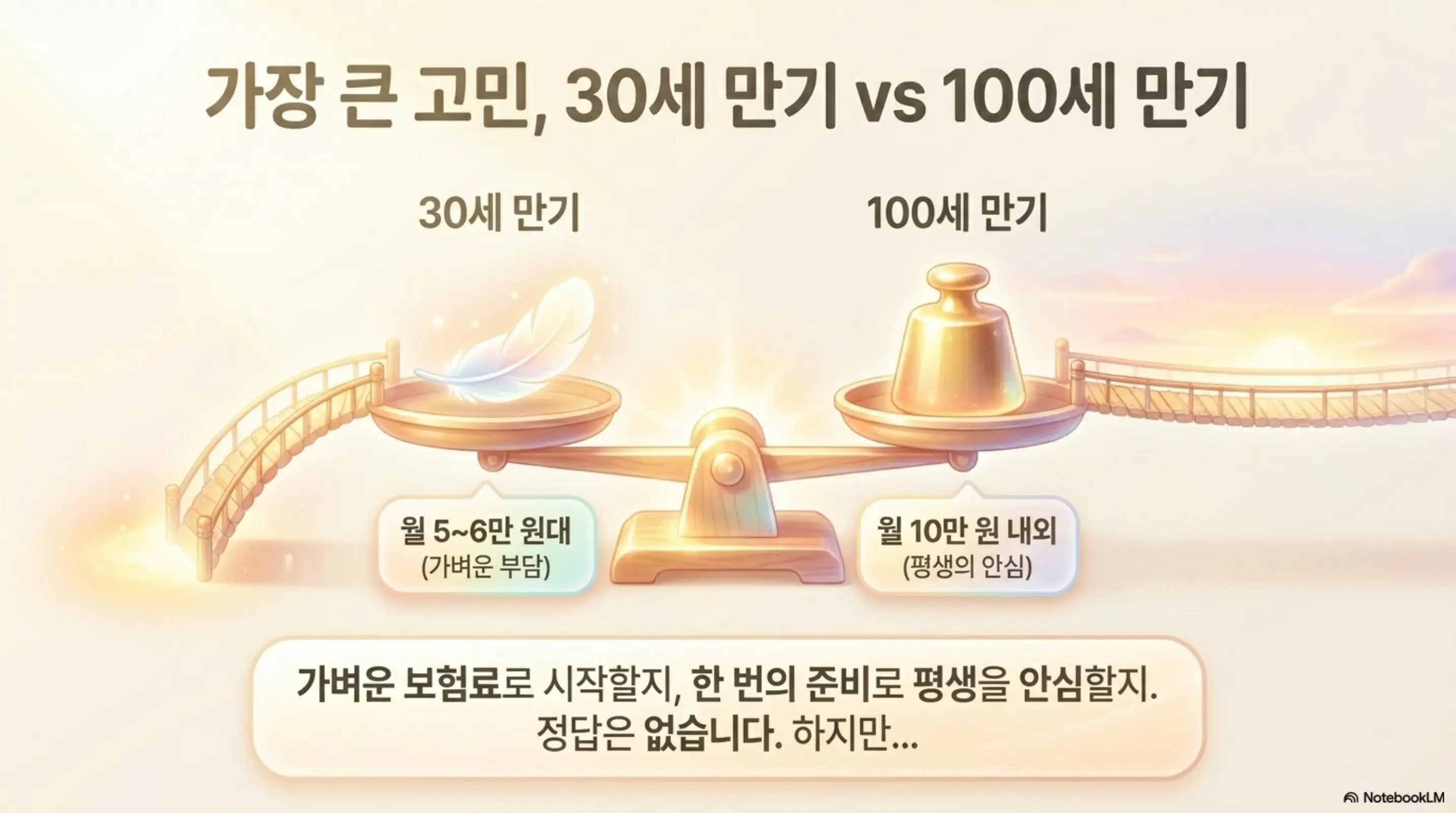 태아보험 어린이보험 가입시기: 태아보험 30세 만기와 100세 만기를 저울로 비교하는 인포그래픽. 30세 만기는 월 5~6만 원대의 가벼운 부담이고 100세 만기는 월 10만 원 내외로 평생 보장이라는 차이를 시각적으로 전달하며 태아보험 만기 선택과 관련된 내용을 설명함