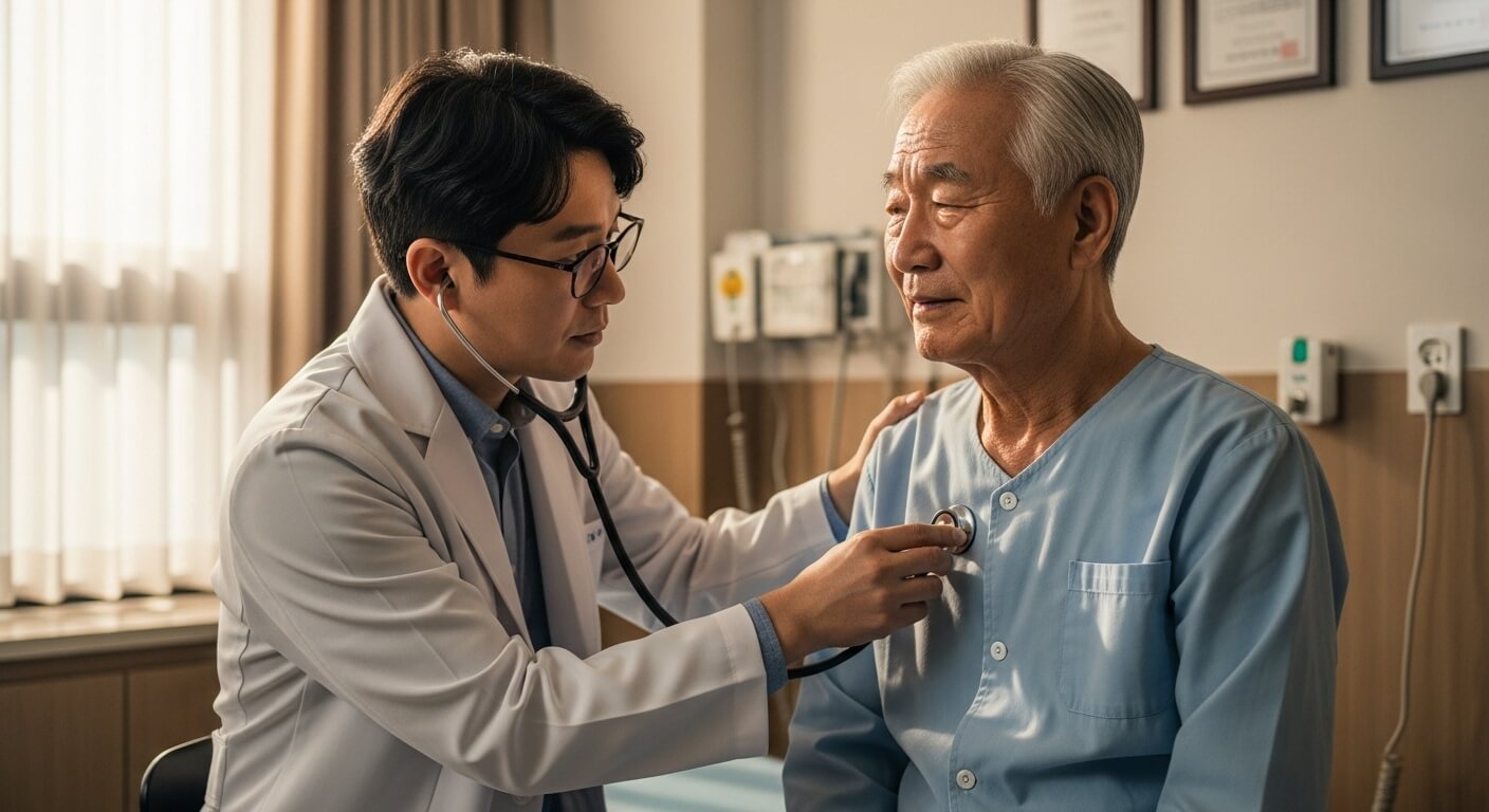 의사가 노인 남성의 가슴에 청진기를 대고 심장과 폐 상태를 확인하는 모습