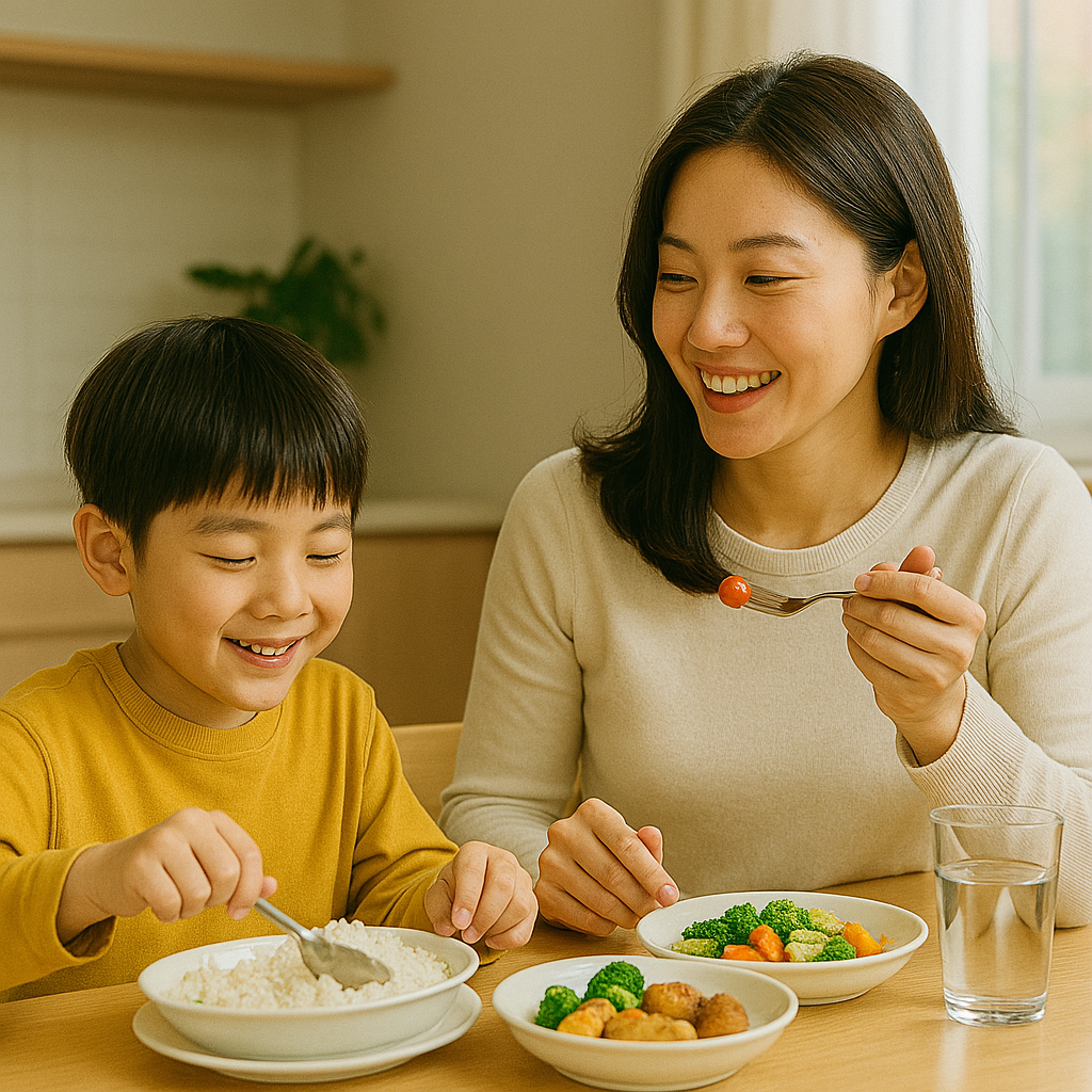 균형잡힌 식사중인 어린이