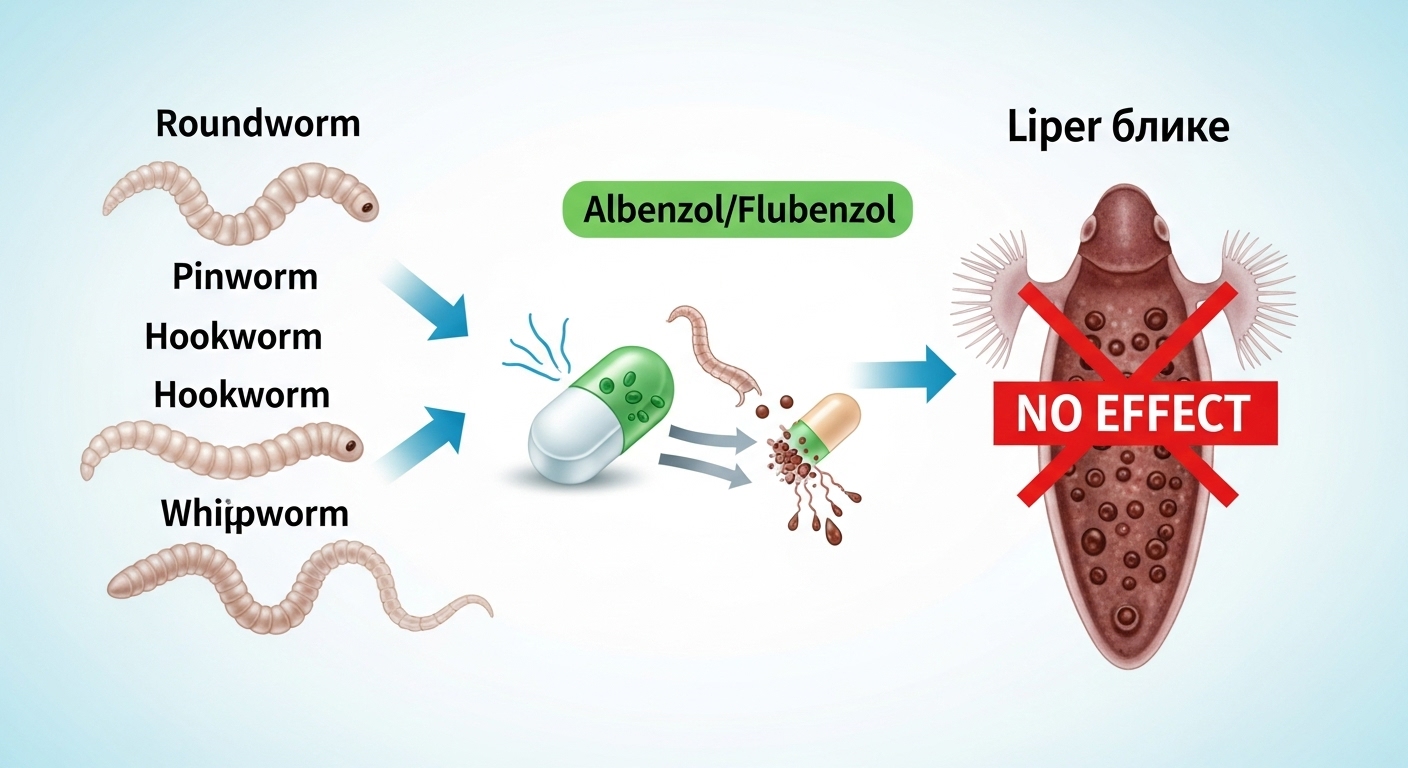 알벤다졸과 플루벤다졸 구충제가 회충, 요충 등 선충류를 제거하는 원리를 보여주지만 간디스토마에는 효과가 없음을 명확히 나타내는 의학적 일러스트.