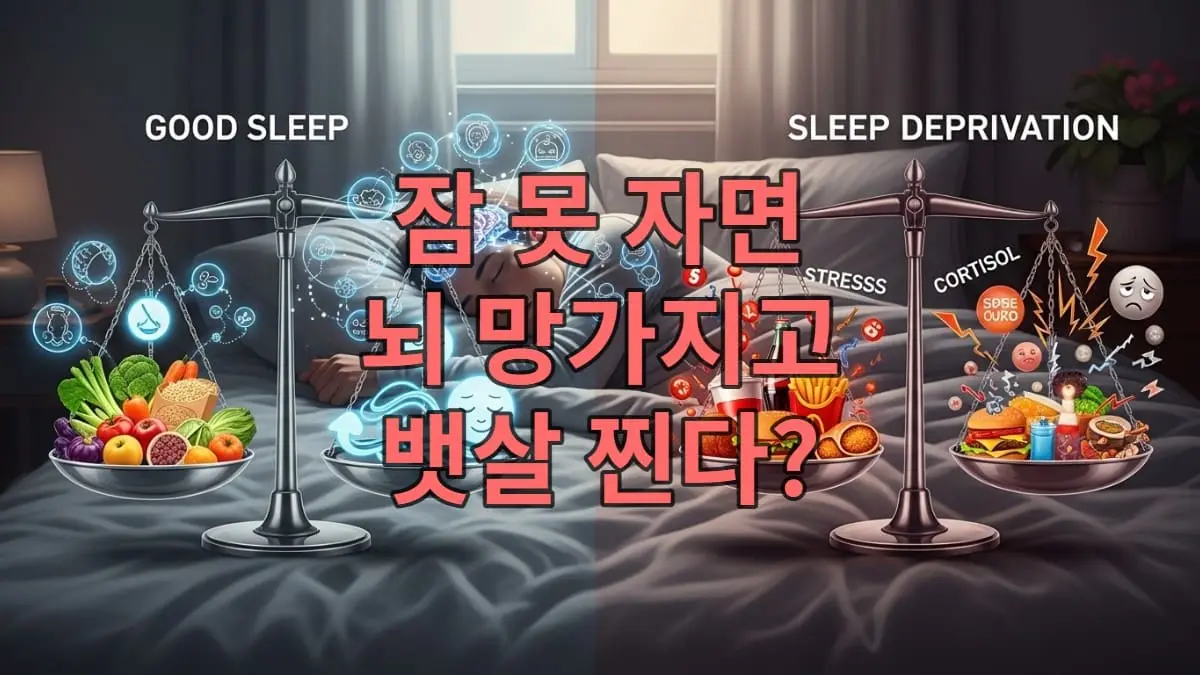 편안하게 잠든 사람과 그 주변으로 뇌 해독 작용을 시사하는 빛, 그리고 수면 부족으로 인한 건강 문제(뱃살, 당뇨, 스트레스)를 상징하는 시각적 요소들이 대비되어 있는 이미지