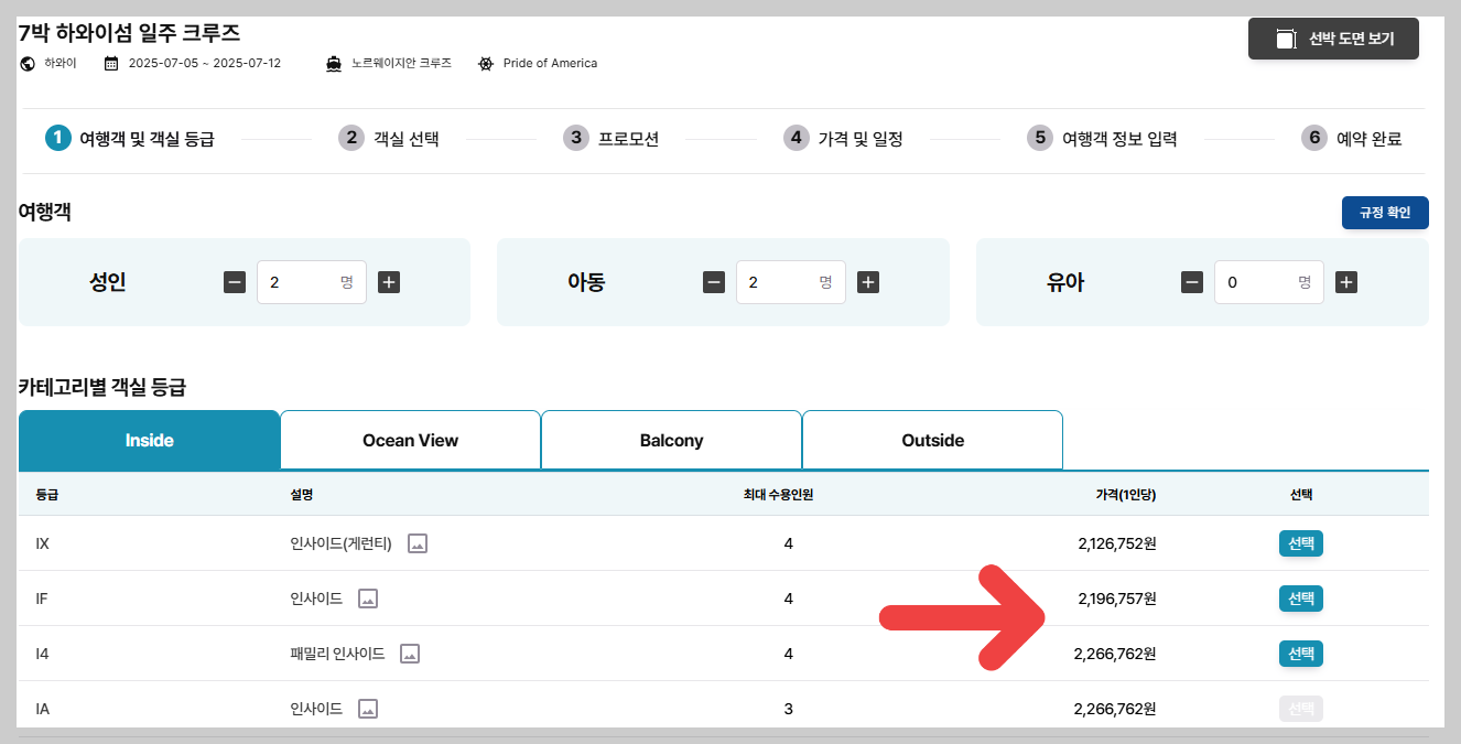 하와이 크루즈 인사이드룸 가격