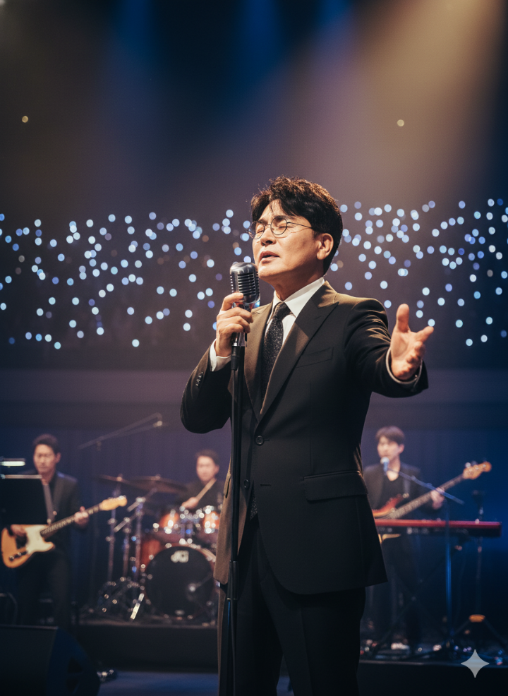 조항조 가수가 마이크를 잡고 진심으로 노래하며 관객을 향해 손을 뻗는 모습
