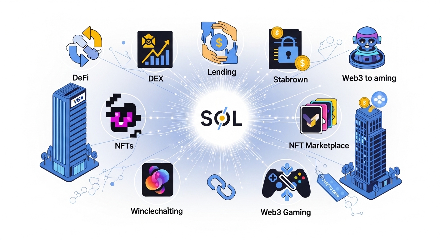 솔라나 생태계의 다양한 구성 요소: DeFi, NFT, Web3 게임, 그리고 Visa와 같은 기관의 참여를 시각적으로 보여주는 이미지.