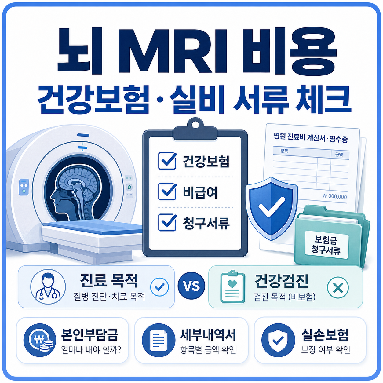 뇌 MRI 비용과 건강보험 적용 시 본인부담금, 비급여, 실비 청구서류를 확인하는 카드형 대표 이미지