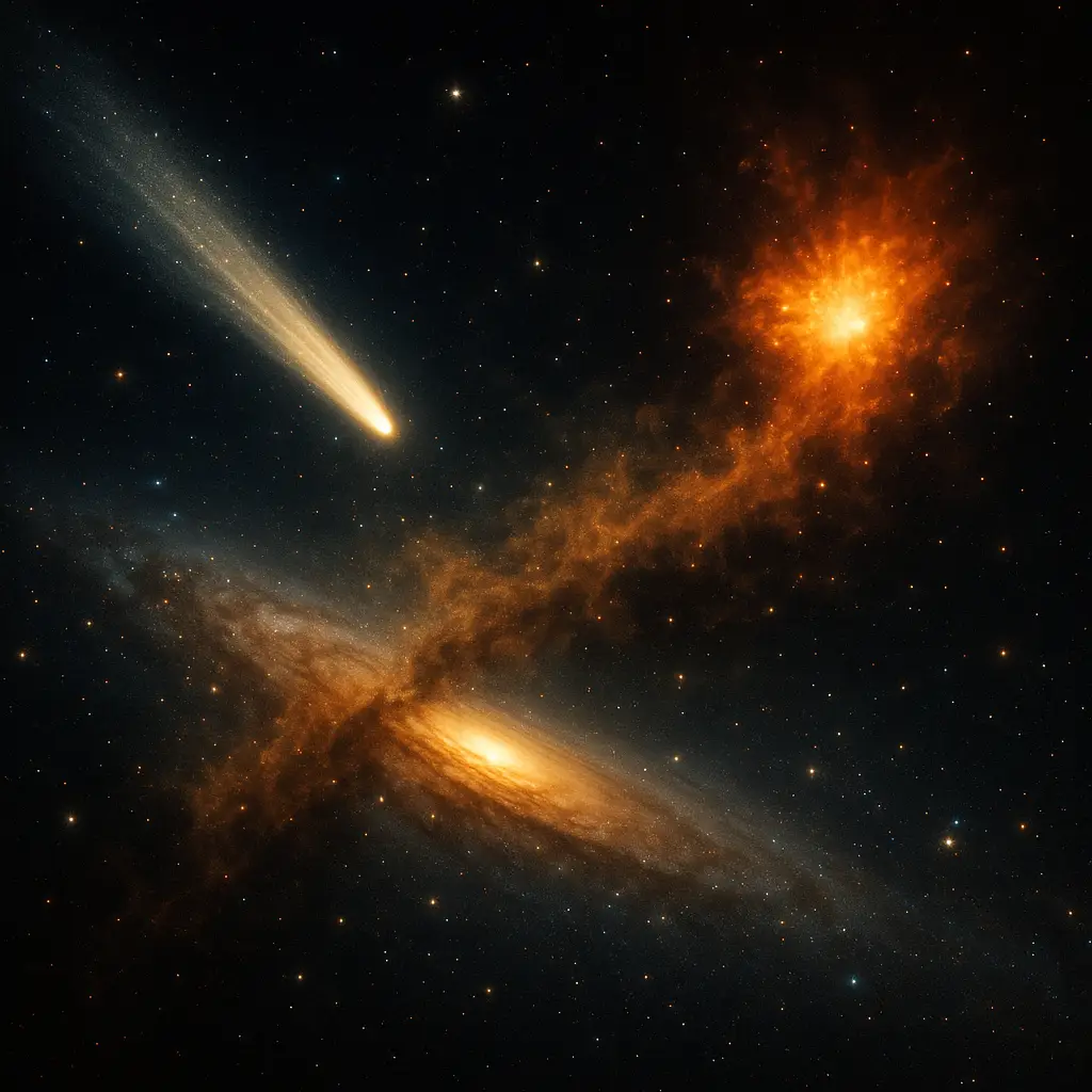 우주 먼지의 기원을 상징적으로 표현한 혜성과 초신성의 예술적 이미지