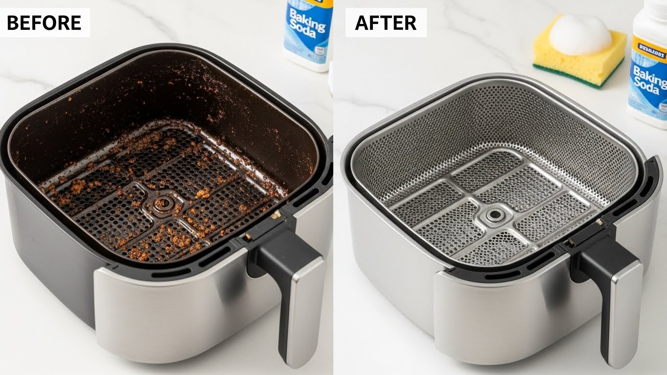 세척 전과 후의 깨끗해진 에어프라이어 바스켓 비교 이미지.