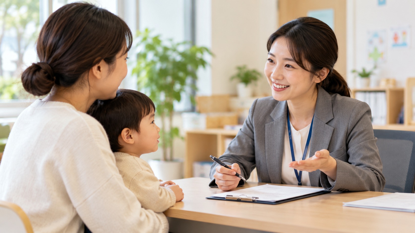 아동수당 신청 절차를 상담받는 보호자와 아이