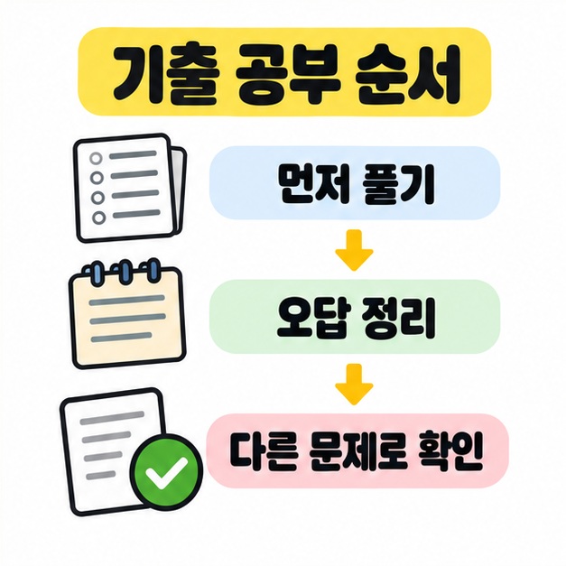 먼저 풀기에서 오답 정리, 다른 문제로 확인으로 이어지는 기출 공부 순서를 화살표로 나타낸 이미지