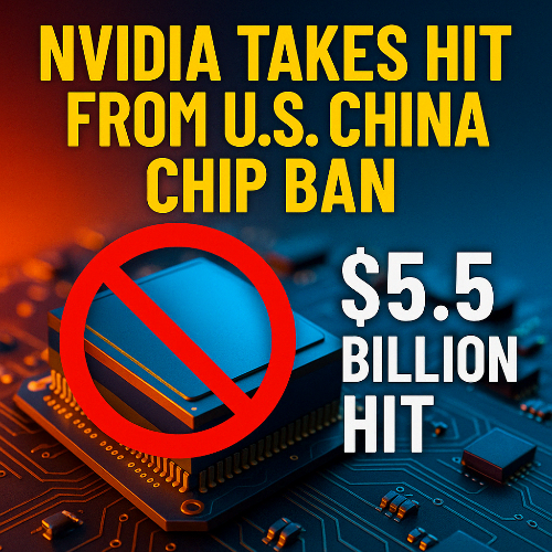 미국-중국 칩 규제에 따른 엔비디아의 손실을 상징적으로 표현한 썸네일 이미지. 중앙의 푸른색 마이크로칩 위에 붉은 금지 아이콘이 겹쳐 있고, 우측에는 "$5.5 BILLION HIT" 문구가 강조되어 있음.