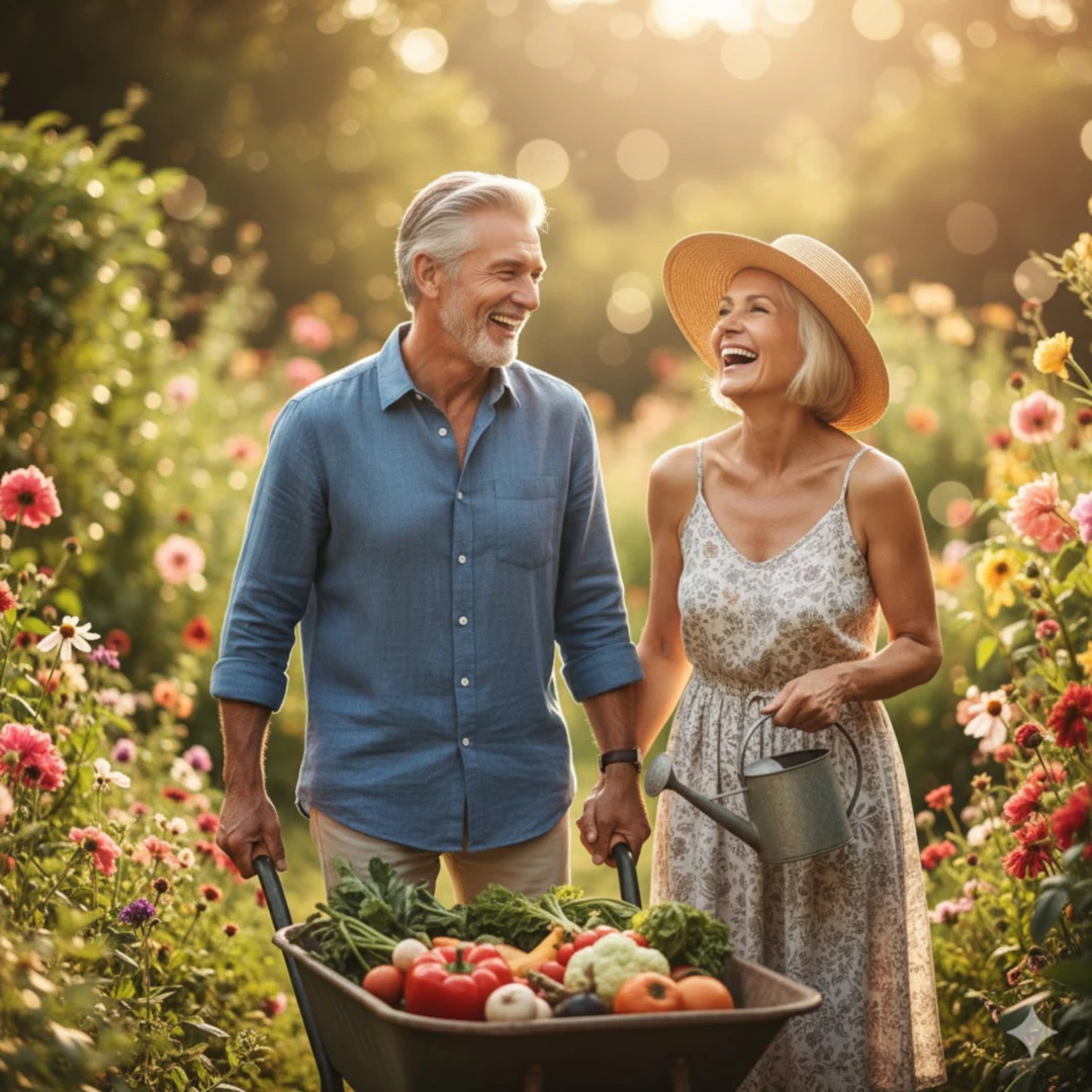 웃는 얼굴로 함께 산책하거나 정원에서 활동하는 건강한 노년 부부의 모습을 담습니다. 편안하고 행복한 분위기가 느껴지도록 합니다. 