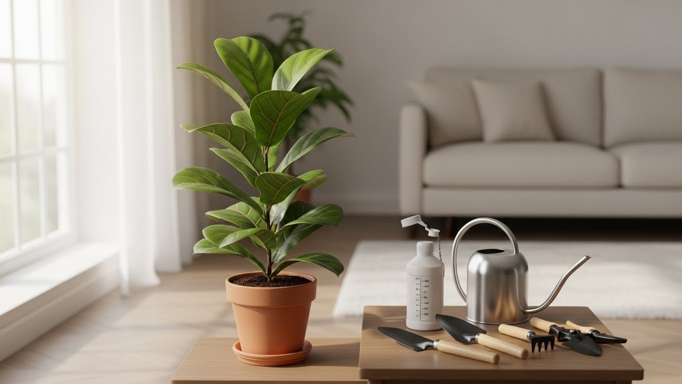 실내 공간에 놓인 화분 식물과 물뿌리개, 비료가 함께 보이는 모습. 실내 식물 관리에서 과도한 관리가 문제가 될 수 있음을 설명하는 대표 이미지.