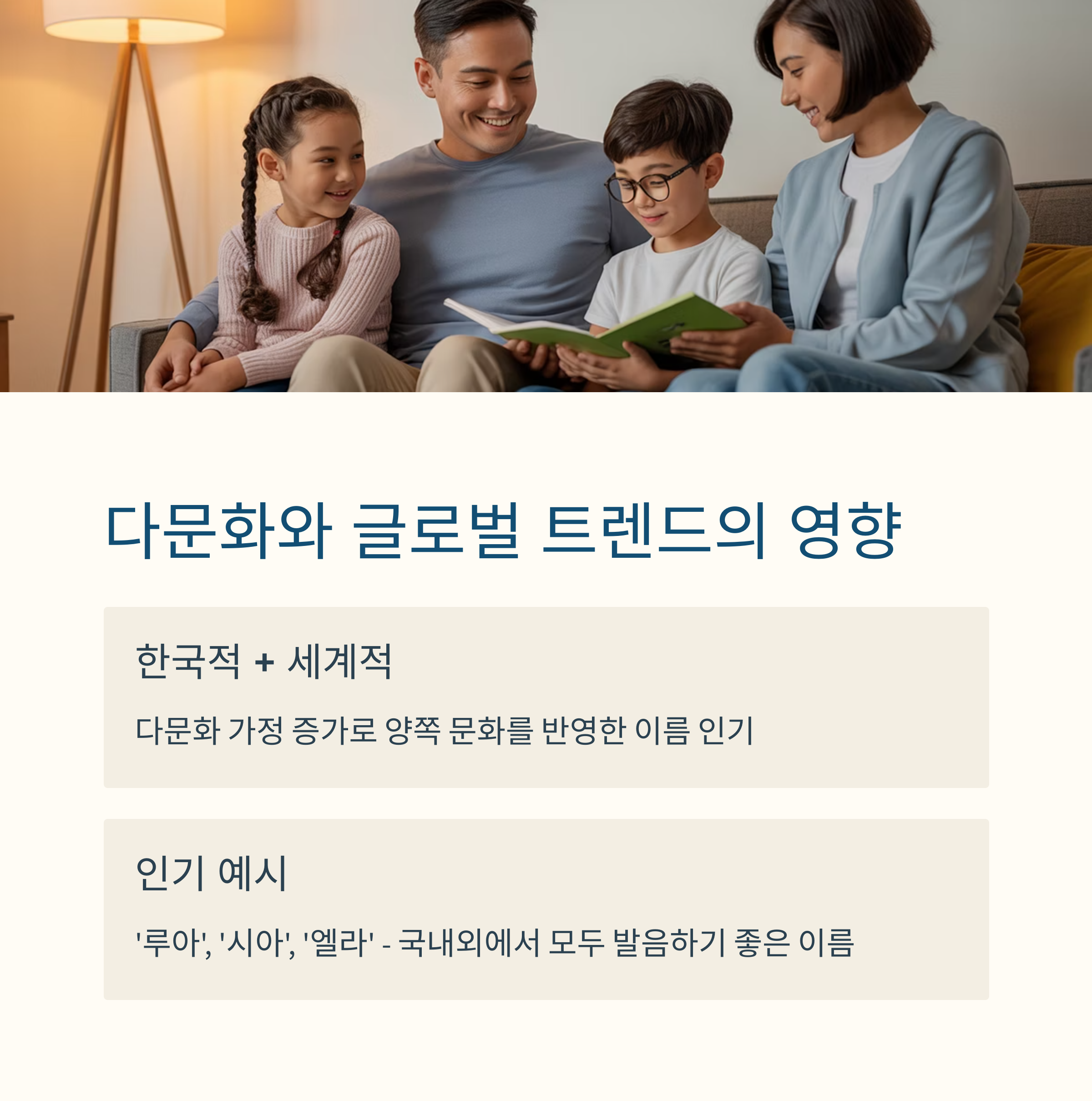 다문화 가정 증가에 따른 글로벌 트렌드의 영향으로 한국적이면서 세계적인 이름이 인기를 끌고 있음을 설명하는 이미지