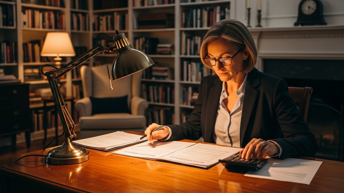 서재에서 안경을 쓰고 재무 설계 서류와 계산기를 활용해 나에게 유리한 연금 수령 시점을 분석하는 모습