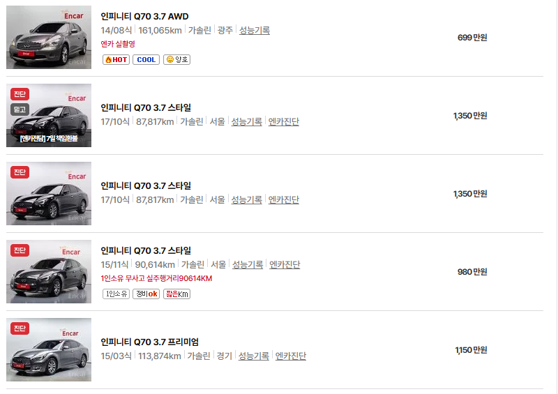 인피니티 Q70 중고차 가격 시세표 연비