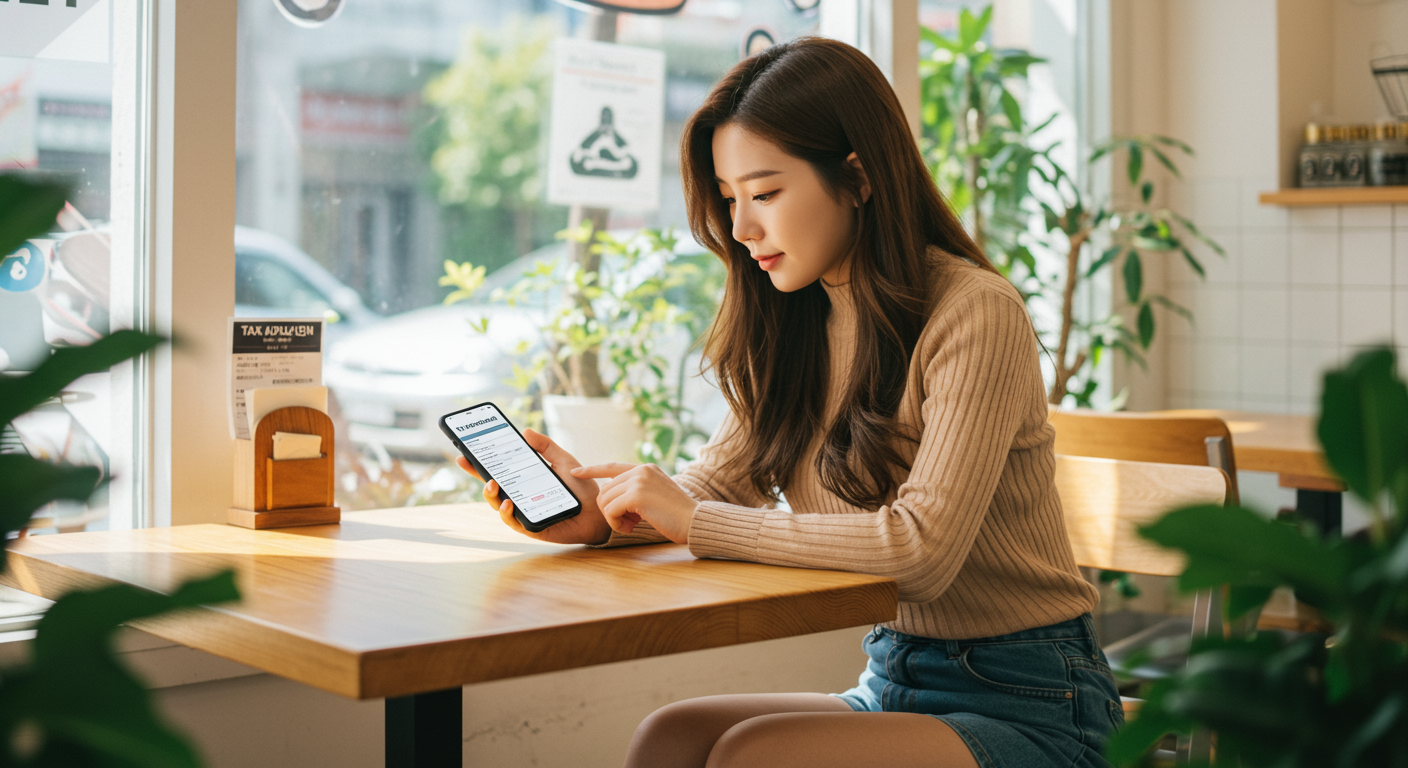 여자가 테이블에 앉아 자동차세를 보고있다.