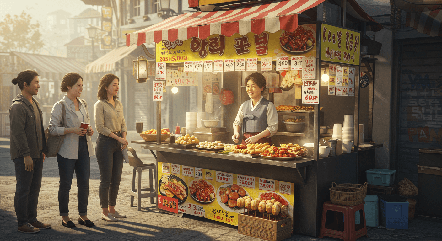 세 사람이 튀김마차에서 물건을 기다리는 장면