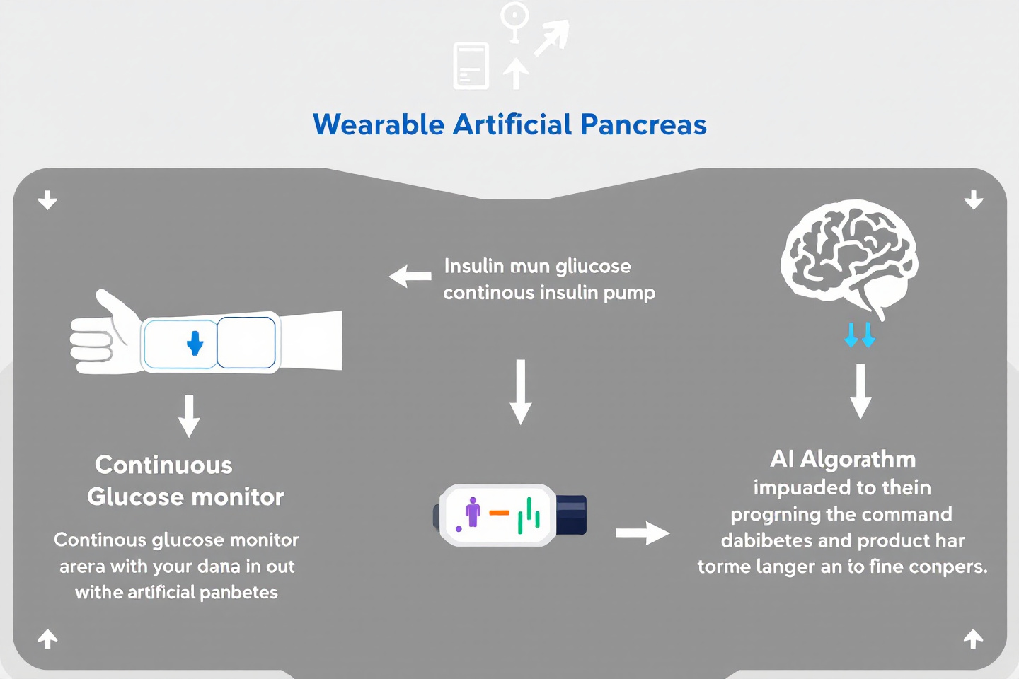 "웨어러블 인공췌장의 구성요소를 설명하는 인포그래픽: CGM, 인슐린 펌프, AI 알고리즘 등"
