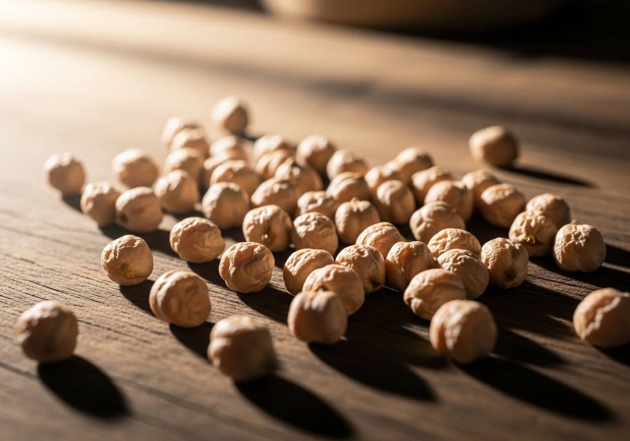 나무 식탁 위에 흩어져 있는 병아리콩, 따뜻한 햇살 아래 고소한 질감이 느껴지는 원재료 이미지