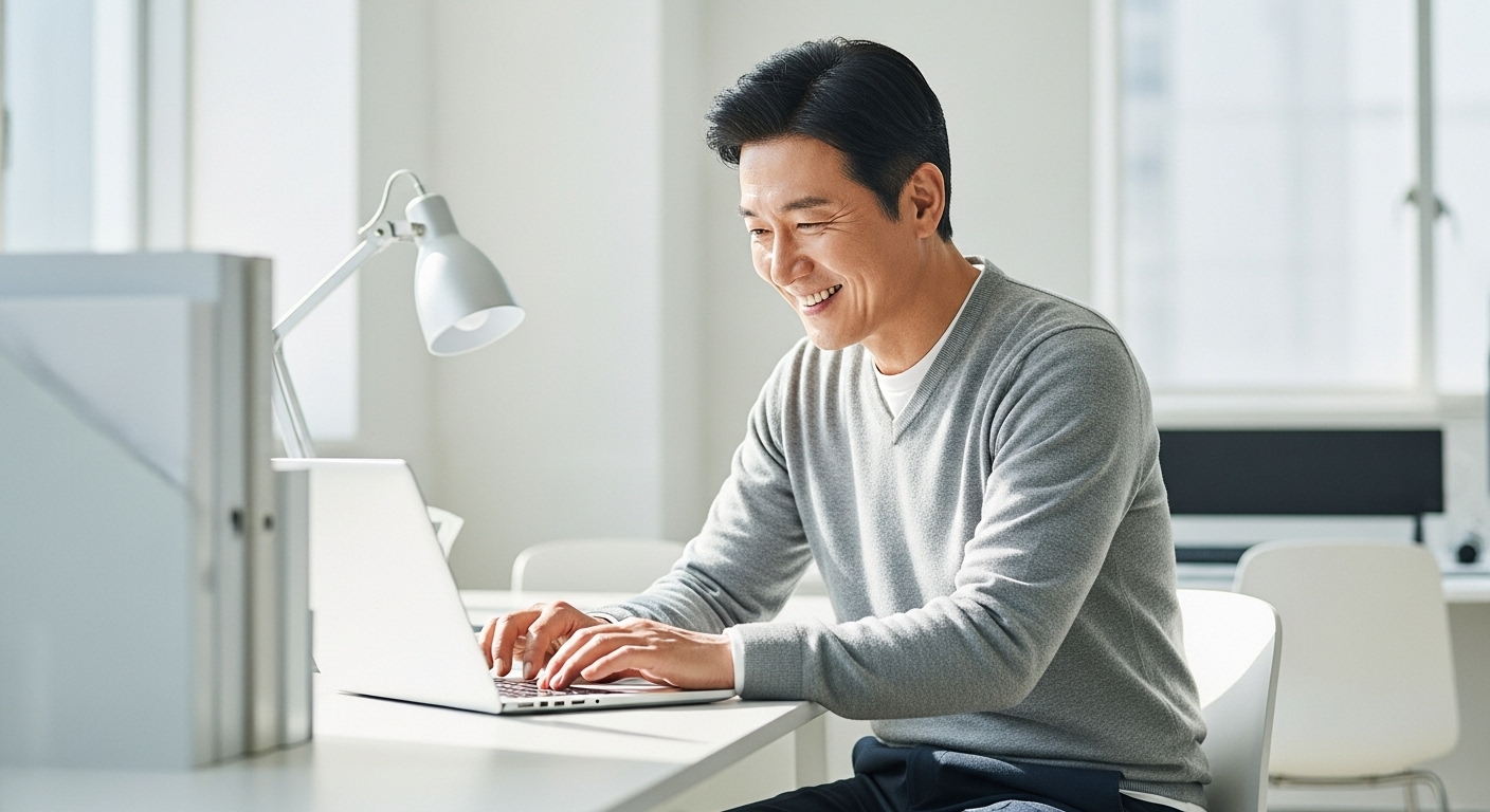 50대 한국인 남성 비즈니스 캐주얼 사무실 컴퓨터 작업 장면