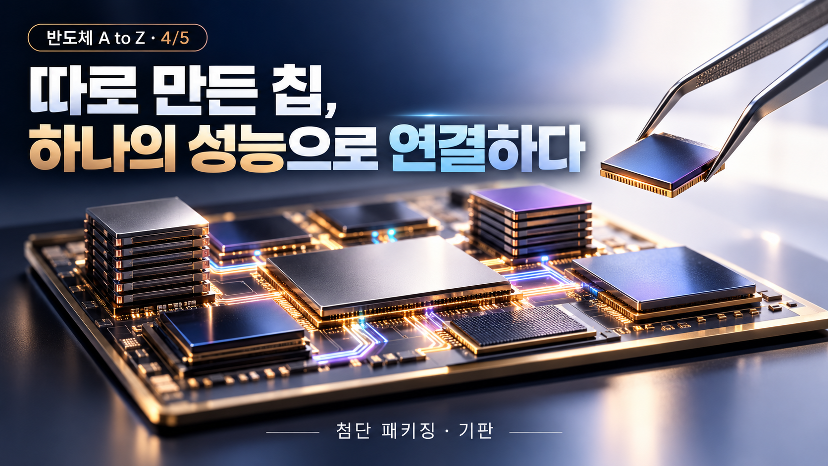 여러 칩과 메모리 스택을 공통 기판 위에 연결하는 패키징 이미지.