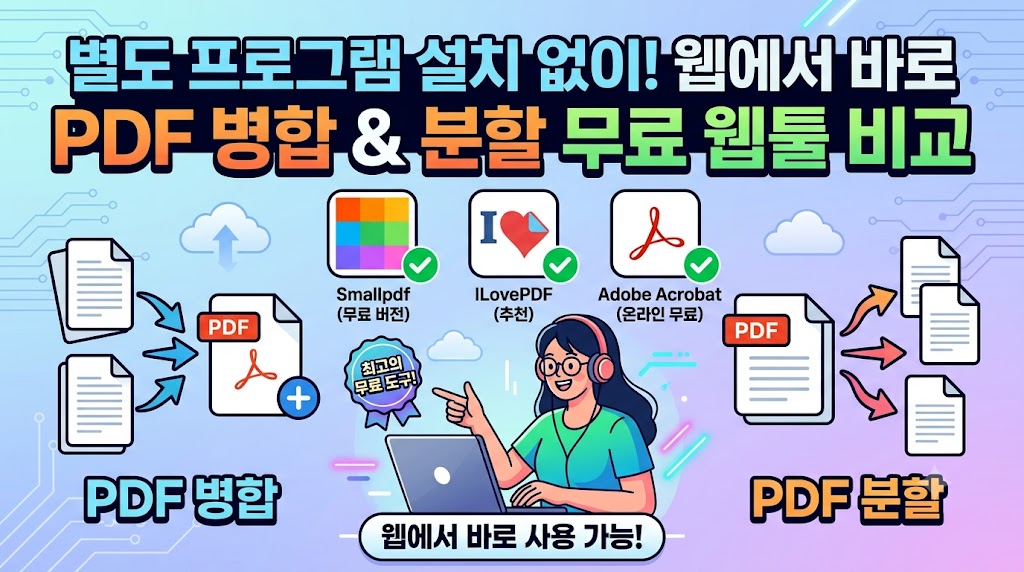 웹 브라우저에서 프로그램 설치 없이 PDF 파일을 병합하고 페이지를 분할하는 화면