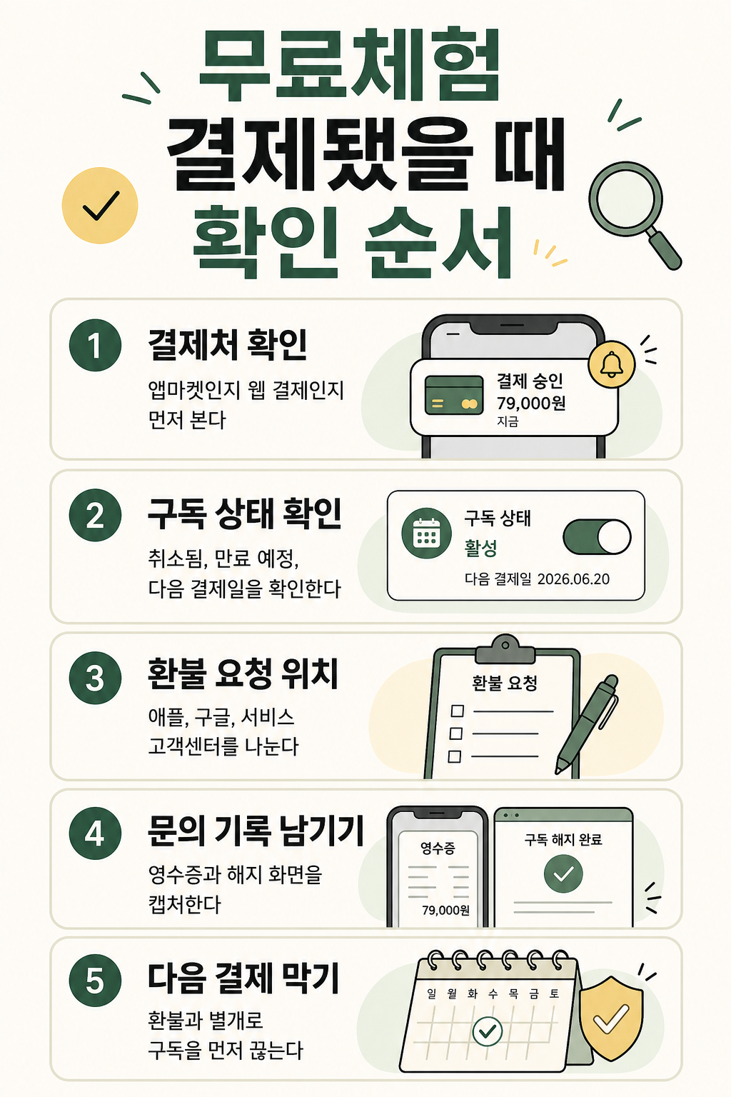 무료체험 결제 환불 요청 전 결제 경로와 구독 상태를 확인하는 카드형 인포그래픽