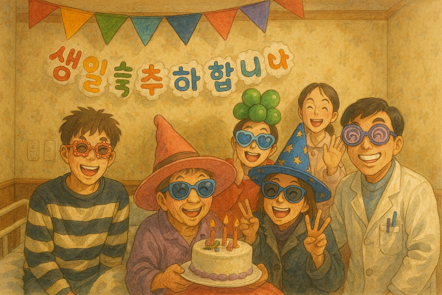 호스피스 병실에서 생일파티를 함께하는 가족과 의료진