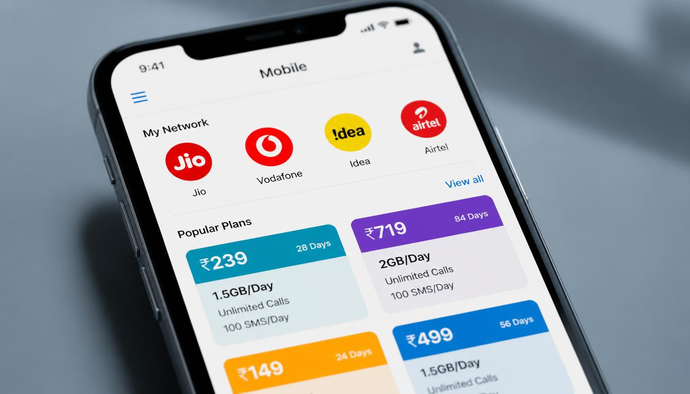 A smartphone showing carrier bundle options and mobile network accounts, highlighting official telecommunications and student discounts.