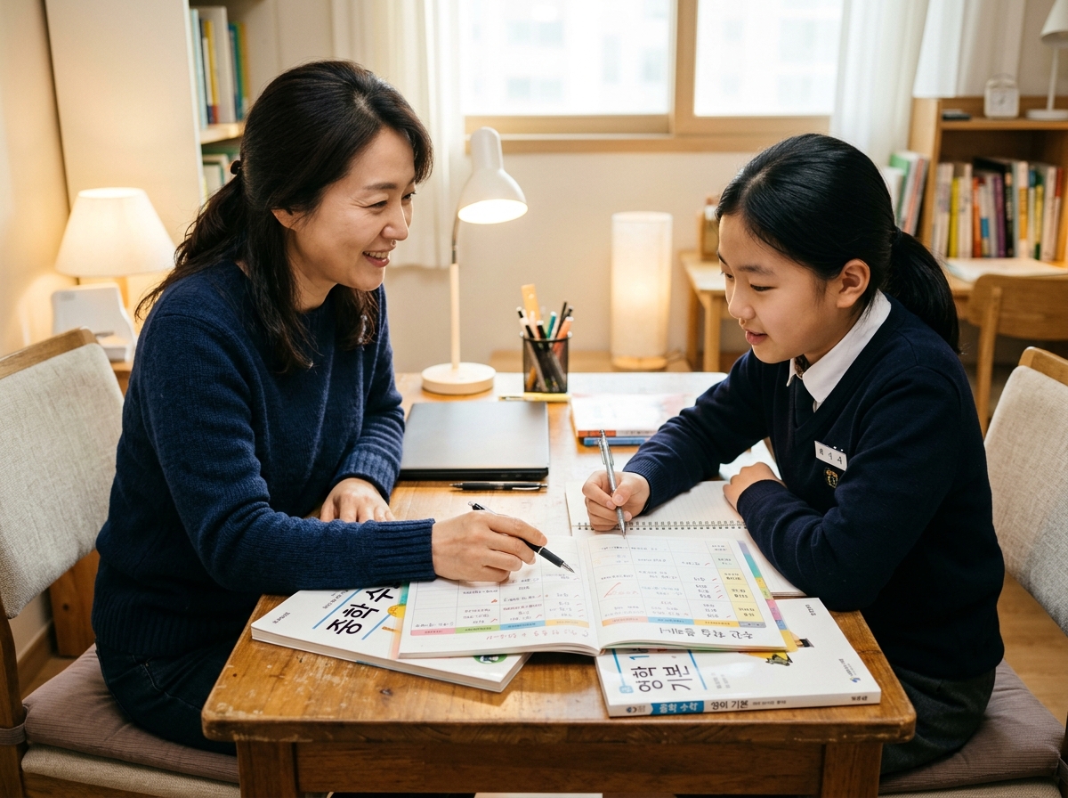 학부모와 함께 학습 계획을 세우고 점검하는 학생
