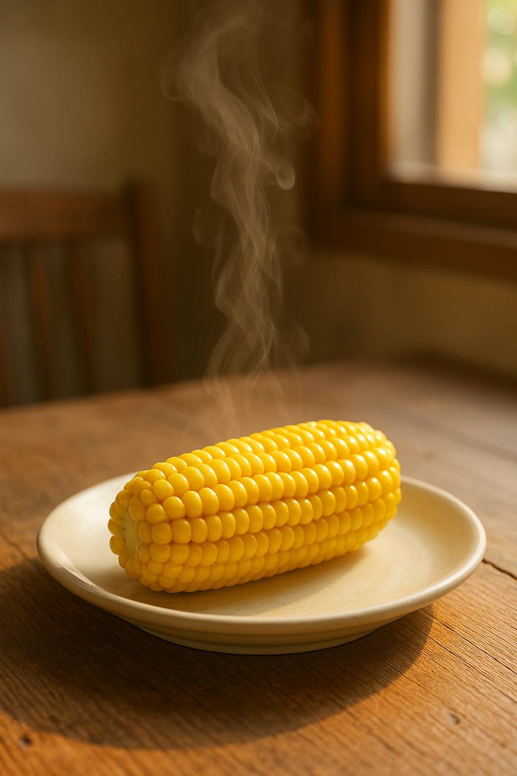 갓 쪄낸 노란 옥수수를 접시에 담아 김이 오르는 모습