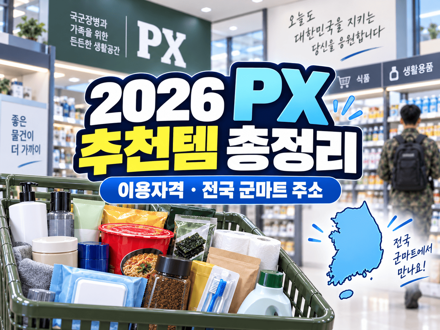 군마트 매대와 화장품&middot;식품 장바구니, 전국 군마트 위치를 상징하는 대한민국 지도가 함께 있는 안내 이미지