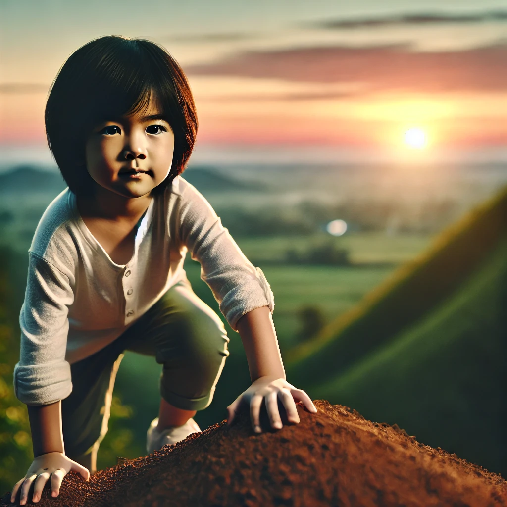 7살 정도 된 한국 아이가 해질녘에 작은 언덕을 오르며 결의에 찬 자신감 있는 표정을 짓고 있는 모습&amp;#44; 자연이 펼쳐진 아름다운 풍경이 배경.