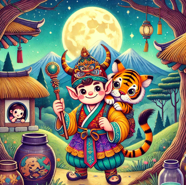 도깨비가 숲속에서 웃고 있는 장면