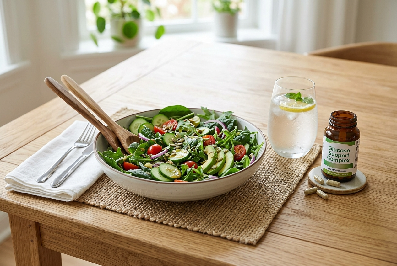 식탁 위에 건강한 샐러드와 함께 놓인 혈당 관리 영양제와 물 한 잔