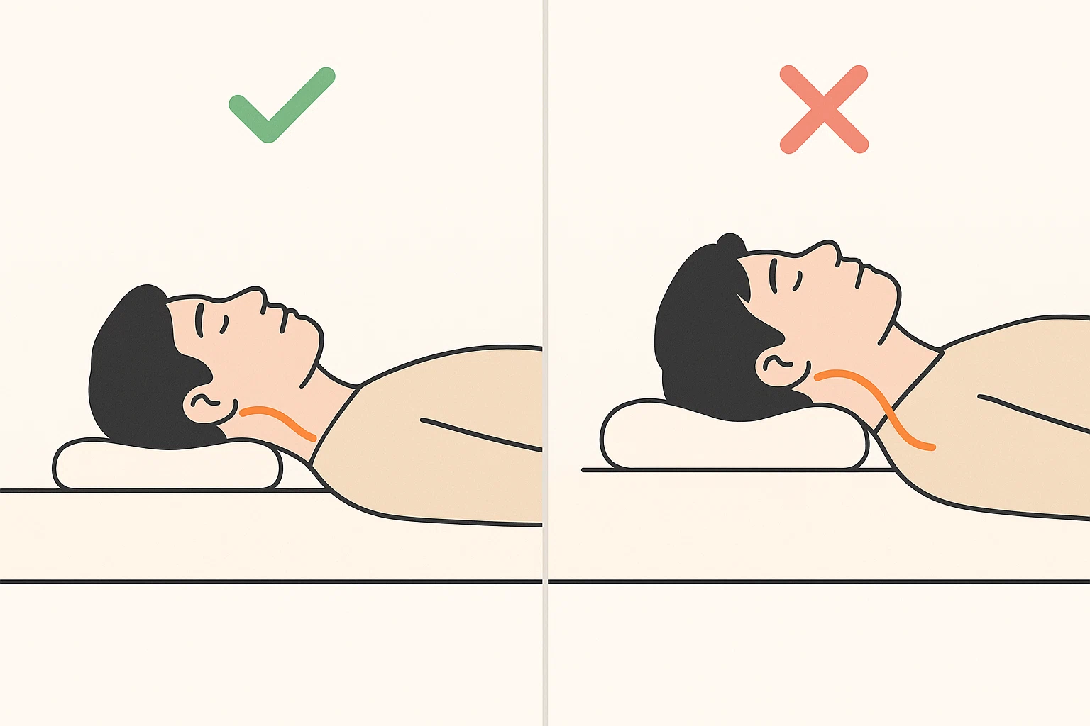 낮은 베개를 사용하며 반듯하게 누워 자는 사람, 목 곡선을 유지하는 올바른 수면 자세와 잘못된 자세 비교