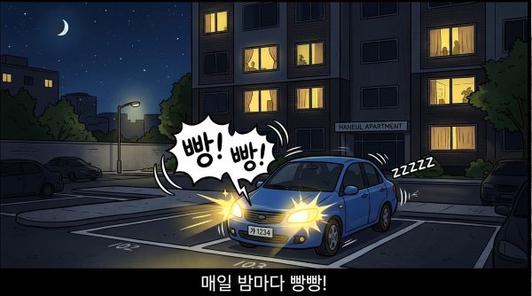 어두운 밤, 아파트 지상 주차장에 세워진 차량 한 대가 라이트를 깜빡이며 소리를 내는 듯한 모습. 배경에는 아파트 창문의 불빛이 몇 개 켜져 있어 야간의 정막함을 강조하는 만화 한 컷 이미지