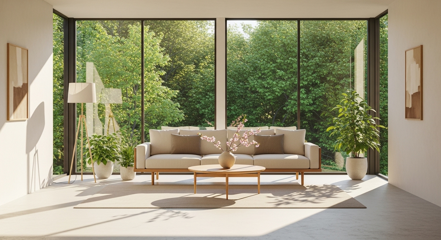 커다란 창밖으로 평화로운 자연이 보이는, 밝고 고요한 미니멀리즘 인테리어 거실