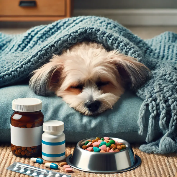 설사를 반복하는 강아지가 피곤한 모습으로 누워 있고, 옆에는 장 건강 보조제, 부드러운 식단, 수의사 처방약이 함께 놓여 있음