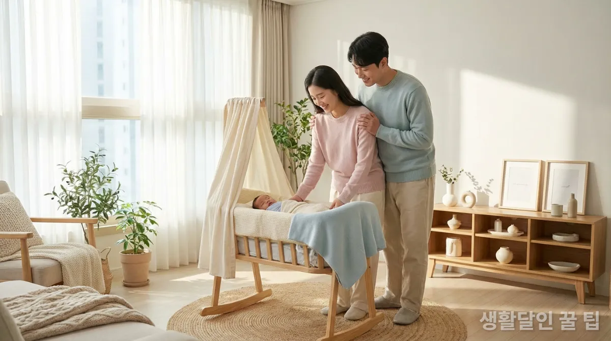 신혼부부가 아기와 함께 행복하게 웃고 있는 모습